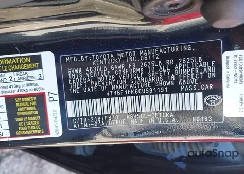 2012 Toyota Camry Xle from USA, damaged, VIN 4T1BF1FK6CU591191